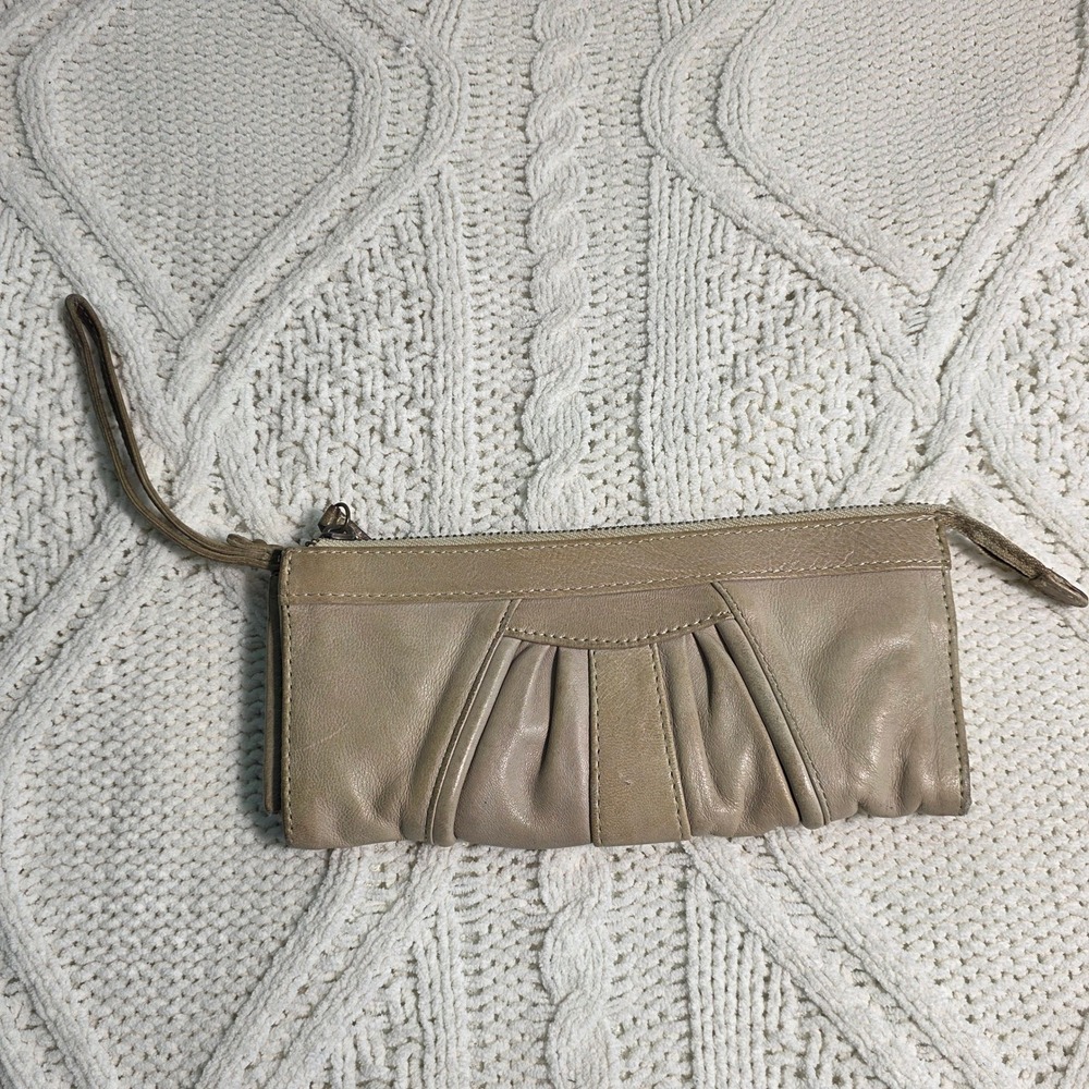 Junior Drake Wristlet Tan Taupe Pin Up Girl Graphic Inner Leather Pleated Purse
